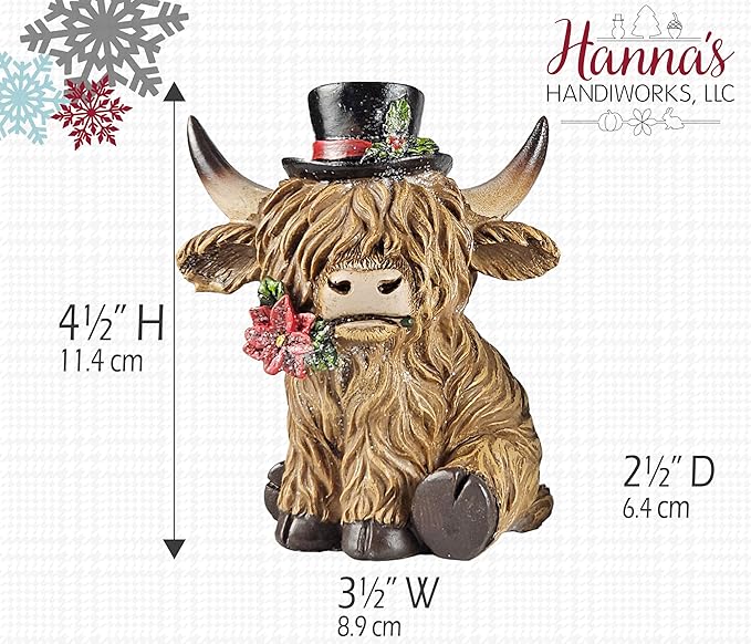 Holiday Scottish Highland Cows - Set of 2 | Resin Home Decor with Christmas Santa Hat Accents | Seasonal Xmas Decor for Centerpiece, Mantel, Kitchen, Dining Room, and More | 4 ½ inches tall