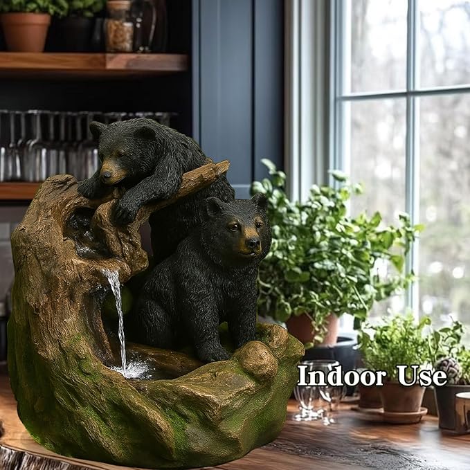 22'' Outdoor Bear Fountain with LED Lights – Wildlife Water Feature for Garden, Patio, Yard, or Porch – Durable Polyresin Animal Waterfall Decor – Rustic Brown & Black Finish