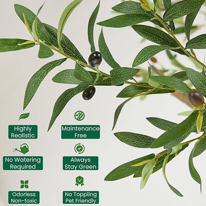 7.5 FT Large Luxury Artificial Olive Tree, Tall Faux Olive Tree with White Pot, Extra Lush Stereoscopic Shape, 5 Minutes Easy Set-up, Realistic Trunks and Lifelike Leaves & Fruits, Home Office Décor