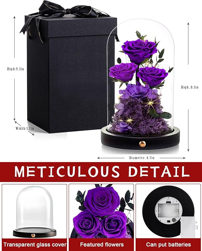 DENIMOMO Flowers Roses Gifts for Women Her,Forever Preserved Rose in Glass Dome, Valentines Anniversary Birthday Real Roses Gifts for Wife Women Girlfriend Best Friend/Purple
