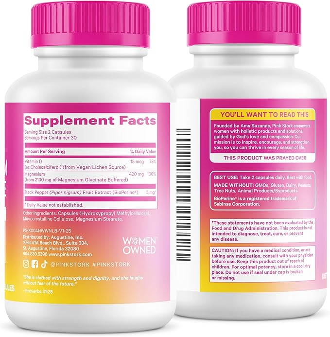 Pink Stork Magnesium Glycinate with Vitamin D - Magnesium Supplement for Women to Support Natural Calm, Mood, and Sleep - Hormone Balance for Women - 60 Capsules, Berry Essence, 1 Month Supply