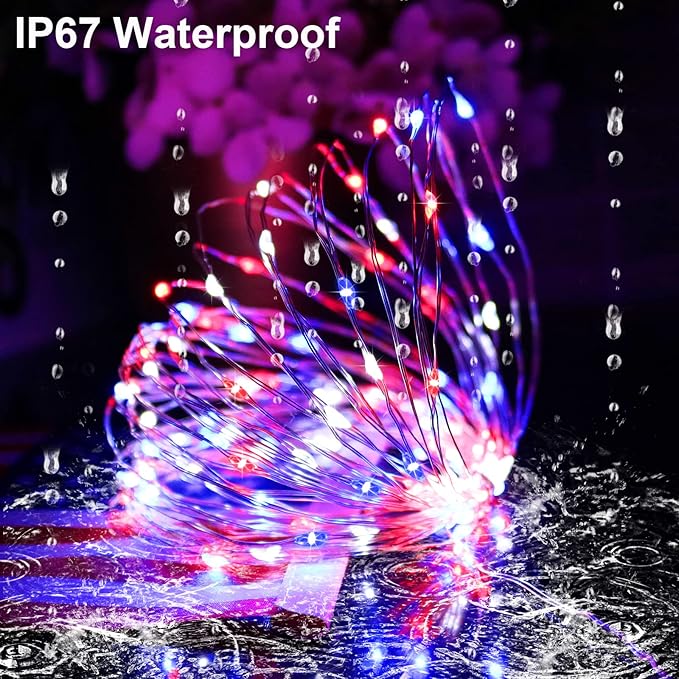 YAOZHOU 4th of July Patriotic Decorations,Red White Blue Solar Fairy String Lights Outdoor Waterproof, 2Pack Total 200LED 66Ft,IP67 8 Modes Outside Memorial Day for Garden,Patio, Yard