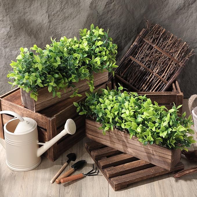 Lyrow 2 Pack Artificial Eucalyptus Plant in Rectangular Rustic Wooden Planter Box Faux Potted Herb Plant Table Centerpiece for Kitchen Windowsill Shelf Decor (Brown,16 '')
