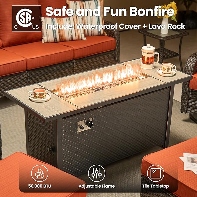 ovios 10 Pieces Patio Furniture Set, Outdoor Wicker Sofa Couch with Swivel Chairs 54" Fire Pit Table, High Back Modern All Weather Conversation Sets, Brown Rattan, Orange Red