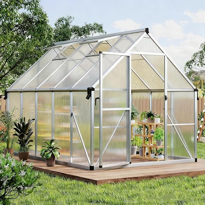 8x10 Ft Sturdy Greenhouse with Roof Vent, Polycarbonate Greenhouse with Lockable Door, Aluminum Large Walk-in Green House for Outside Garden Backyard, Patio, Lawn, and Garden