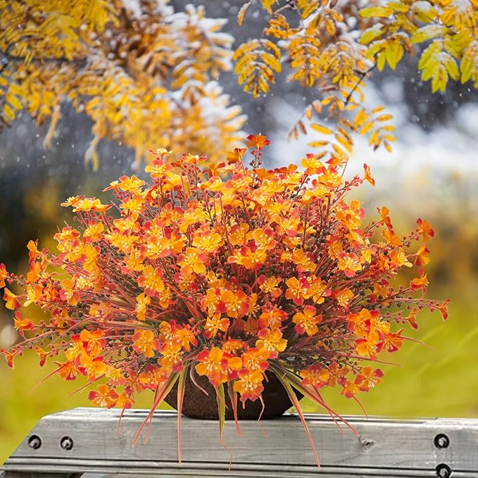 Grunyia 12 Bundles Artificial Fall Flowers for Outdoors Fake Plants UV Resistant Plastic Plants Shrubs Bushes for Home Fall Front Door Porch Garden Autumn Decor (Fall Red)