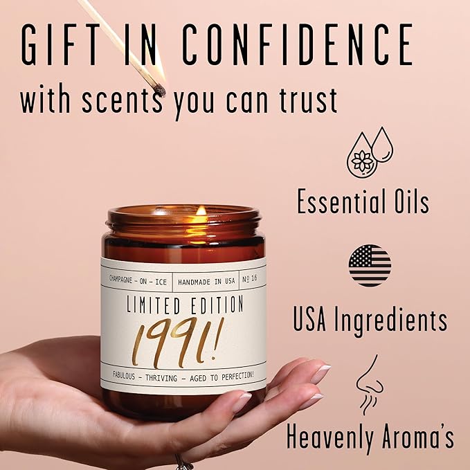 35th Birthday Gifts for Women - 'Limited Edition 1991' Soy Candle, w/Champagne on Ice I 35 Birthday Gift for Her Ideas I 9oz Reusable Jar, 50Hr Burn, Made in USA