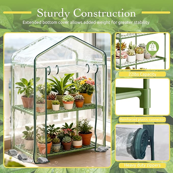 Mini Greenhouse for Outdoor Indoor, 2 Tier Shelves Small Green House for Winter, Portable Greenhouses with PE-Coated Metal Frame Heavy Duty PVC Cover, Plant Rack Stand House 2.3x1.6x3ft
