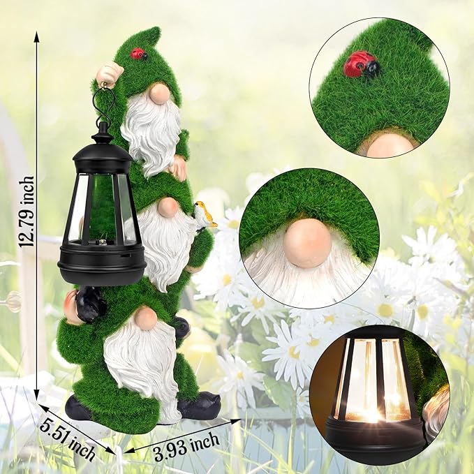 Solar Gnomes Garden Statues,Resin Flocked Gnome Figurine Holding Solar Lights Lantern,Unique Birthday Housewarming Gifts for Women, Mom, Grandma