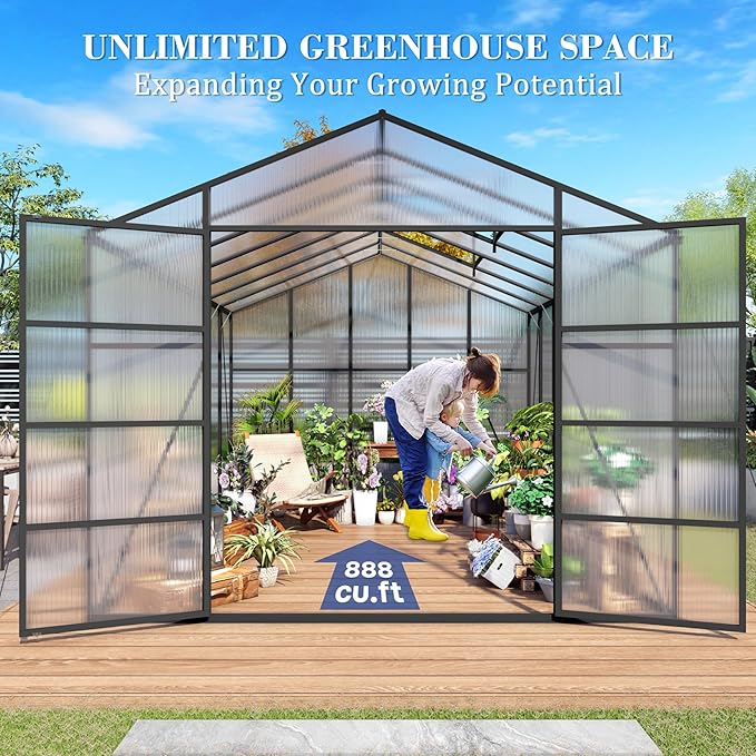 KEIKI Walk-in 10x14 FT Polycarbonate Greenhouse, Aluminum Frame Outdoor Greenhouse with Roof Vent, Anchor Base & UV-Blocking Panels for Backyard Gardening, Black