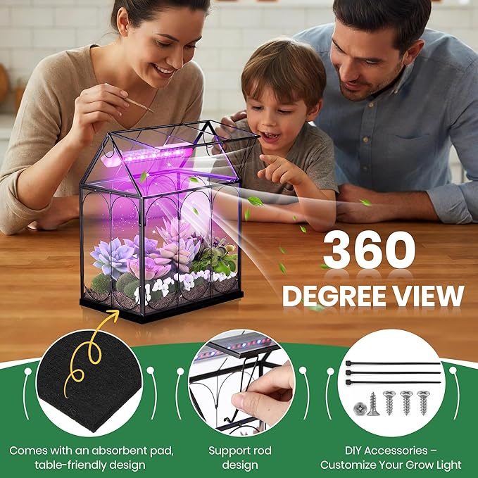 Meonum Tiny Glass Terrarium Kit with Grow Light, 7.1 x 4.7 x 8.7 Venus Fly Trap Terrarium with Absorbent Mat, Timer&3 Light Modes for Succulent Live Air Plants Indoor Home Office Decor (USB Powered)
