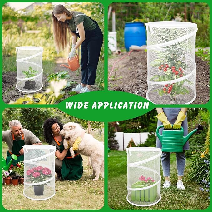Zofylux 4 Pcs Pop Up Plant Cover Net,19”x 14”Round Foldable Plant Covers,Garden Plant Protectors with 16 Pcs Ground Stakes,Garden Mesh Covers for Outdoor and Indoor Plants