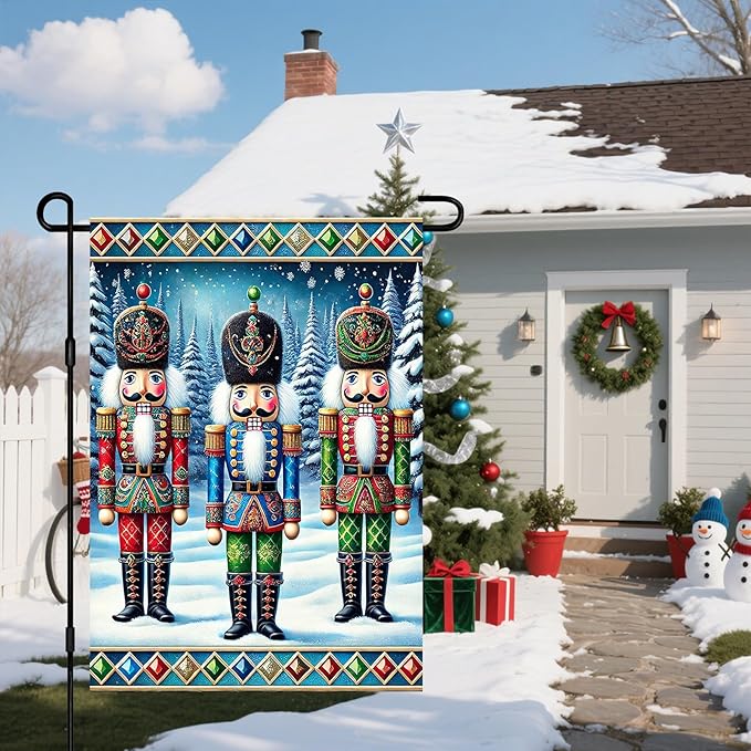 IVN Christmas Garden Flag 12x18 Inch Nutcracker Soldiers in Colorful Uniform with Snowy Pine Trees and Holiday Border Flag Double Sided Outdoor Yard Banner for Porch Lawn Patio Decor Winter