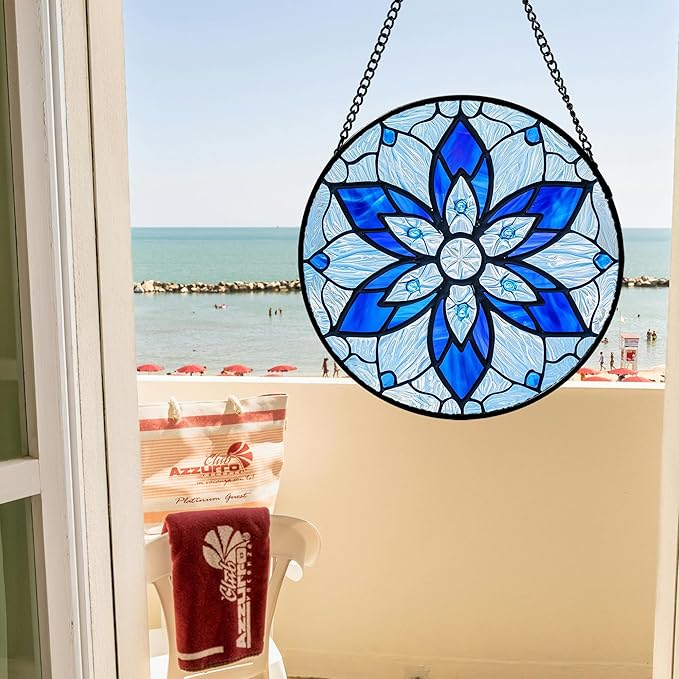 AMDERVEN Stained Glass Window Hanging, Blue Tiffany Style Flowers Sun Catcher for Window Door Home Decor Suncatcher Christmas Mother's Day Birthday Gifts for Women Men Mom and Nana 7.8 in