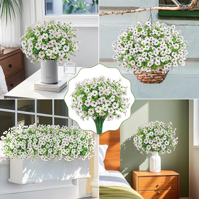 Besteek 20 Bundles Artificial Flowers for Outdoors Decoration Fake Silk Flowers UV Resistant Faux Plants Artificial Daisy Eucalyptus for Spring Summer Garden Yard Porch Window Home Decor, White