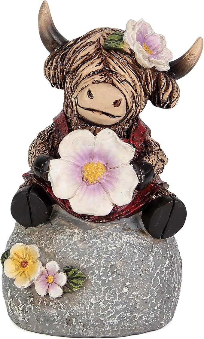 Leekung Highland Cow Garden Statue Decor - Outdoor and Indoor Decorations,Highland Cow Figurine Sitting on Stone Holding Flower for Shelf Bookshelf windowsill Table Desk Lawn Patio Outside,Animal