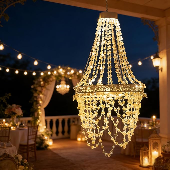 Solar Hanging Acrylic Crystal Chandelier Outdoor Garden Decorative Lights Powerful Lithium Battery 54 Warm LEDs Easy Hanging Waterproof Outdoor Lantern for Valentine Garden Gazebo, Party, Wedding,Tree