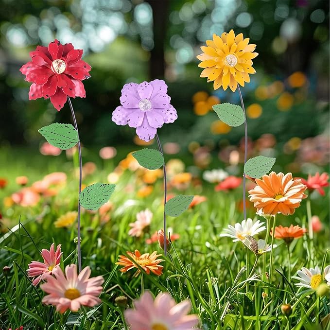 3 Pack Floral Garden Stake Decor, Glow in Dark Shaking Head Outdoor Plant Pick Water Proof Metal Flower Stick for Lawn Yard Patio Pathway Ornament