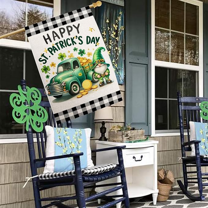 Happy St Patricks Day House Flag 28x40 Inch Double Sided Shamrocks Gnome Truck Buffalo Plaid Outside Large Holiday Flag for Yard Outdoor Decoration