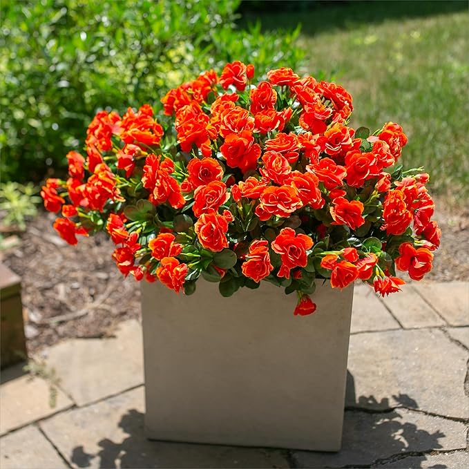 Artificial Faux Flowers Plants for Spring Outdoor Outside Decor, Fake Silk Orange Camellia UV Resistant Look Real for Autumn Planter Porch Patio Balcony Garden Yard Decoration, 3 Large Bundles