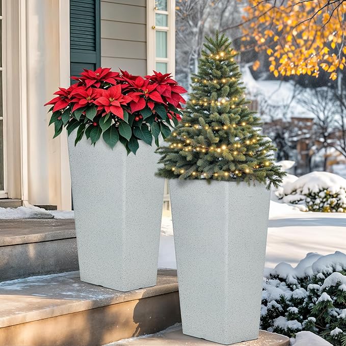 Autodaya 28" Plant Pots Tall Planters for Plants Outdoor Large Set of 2 Plastic Flower Pots Tapered Plant Containers Front Porch Decor for Garden, Patio, Deck, Indoor Terrazzo White