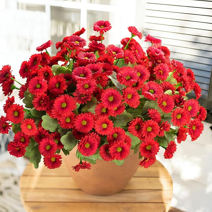 HyeFlora Artificial Dahlia Flowers for Outdoors Faux Plants Spring Decor, 6 Bundles Red Fake Silk Flowers for Outside Realistic UV Resistant for Planter Front Door Porch Patio Balcony Yard Home