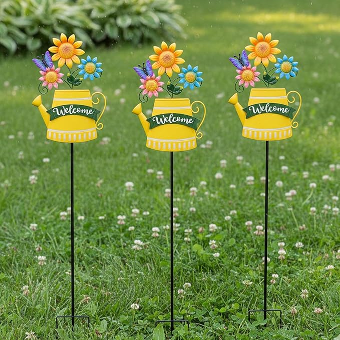 48inch Spring Metal Flowers for Outside with Decorative Butterfly, Tall Flower Garden Stakes Metal Welcome Signs for Outside, Yard, Lawn, Pathway, for Mom