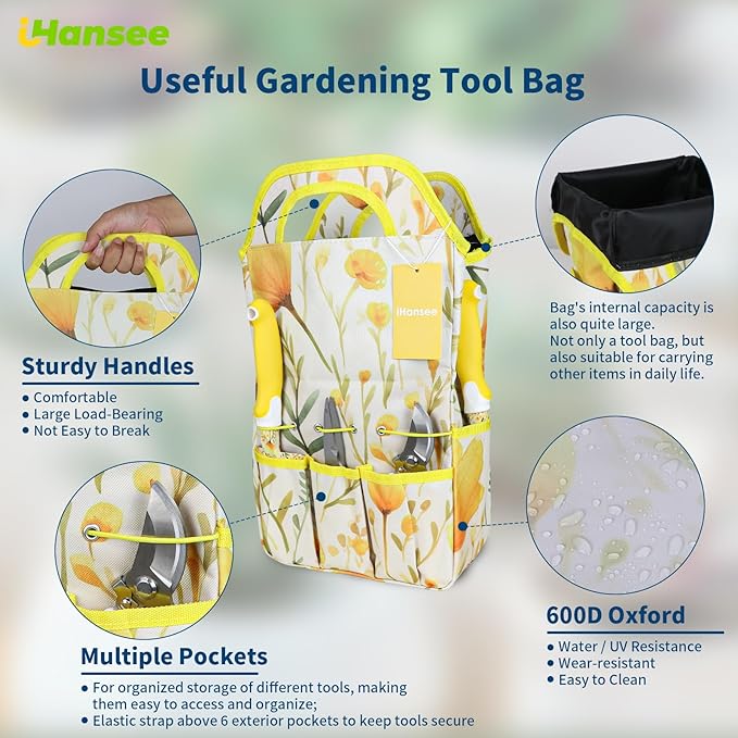 iHansee 10-Piece Yellow Gardening Tools, Thanksgiving/Christmas/White Elephant Gifts for Women Adults, Birthday Gardening Gifts for Mom Grandma Gardener Wife, Floral Garden Tool Sets with Garden Tote