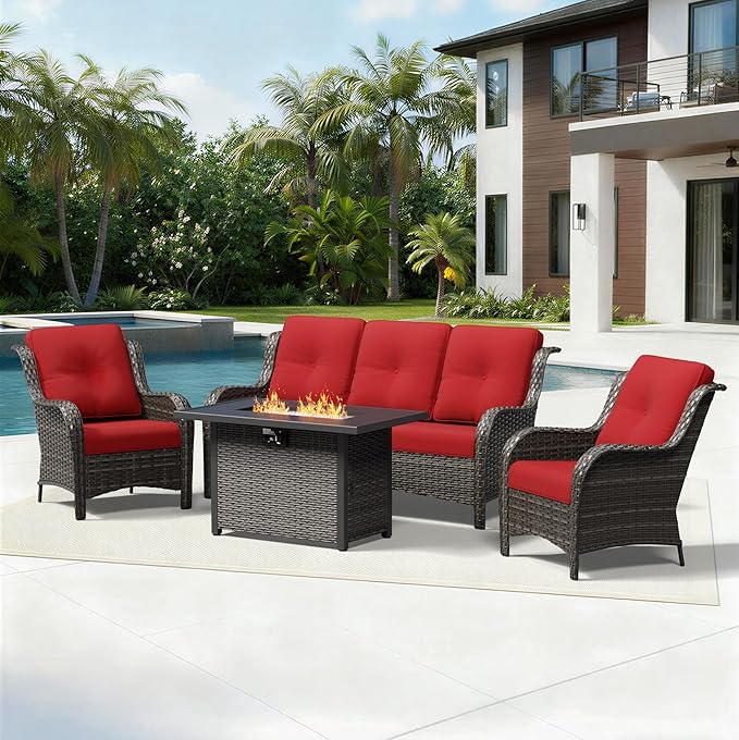 Joyside 4 Piece Wicker Patio Furniture Set with Fire Pit Table, Rattan Patio Chairs with High Back, Deep Seating, Wide Armrest, Thickened Cushions, Outdoor Furniture for Deck, Porch Use