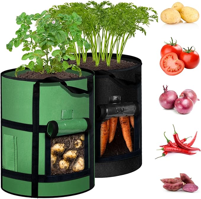 MEKOLIFE 7 Gallon Potato Grow Bags with Viewing Window, 300G Nonwoven Garden Planting Pots, Heavy-Duty Surround Handles for Gardening Supplies (2Pack Grow Bags)