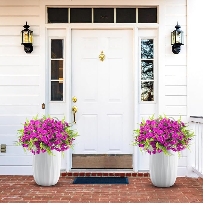 HIAGROW Artificial Flowers Outdoors 12 Bundles Artificial Petunias Fake Flowers UV Resistant Shrubs Plants with Fern for Indoor Outside Hanging Planters Home Garden Summer Decorations (Magenta)