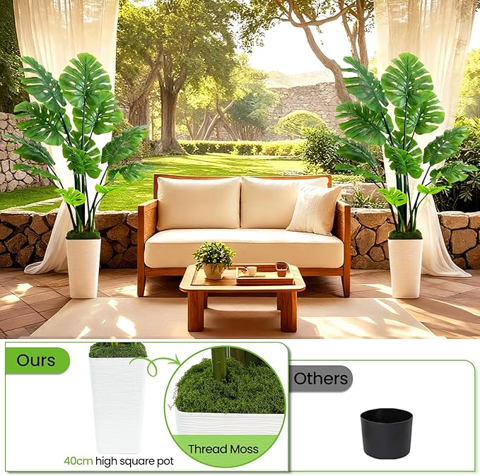 5FT Artificial Monstera Plant Realistic Faux Monstera Plant with Tall White Planter and Thread Moss, Lifelike Indoor Outdoor Artificial Tree for Living Room, Bedroom, Office, Housewarming Decor