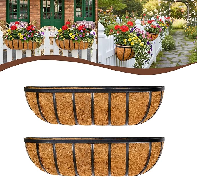 2 Pcs 36“ Railing Planter Window Box Deck Railing Planter Boxes with Coco Liner English Horse Trough Planters Metal Wall-Mounted Planters Basket for Outdoor Balcony Porch Fence Patio Rail