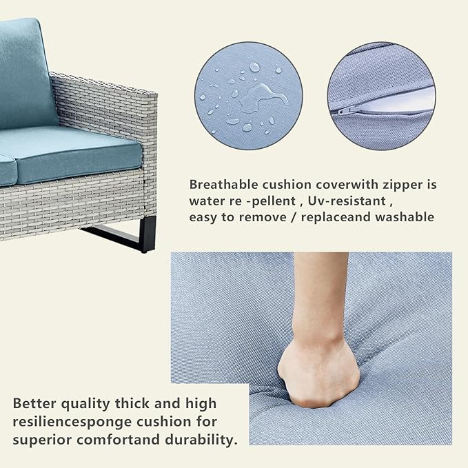 Rilyson Wicker Outdoor Couch Patio Sofa - 3 Seater Rattan Outdoor Patio Couch with Waterproof Wicker,Comfortable Cushions and Sturdy Metal Frame for Outside Porch Deck Backyard(Light Grey/Sky Blue)