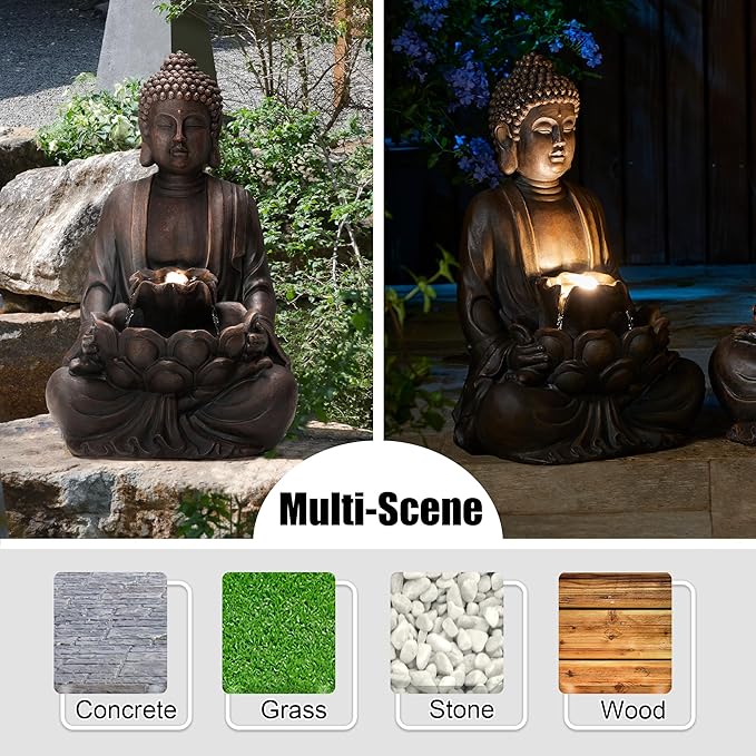 Glitzhome Buddha Fountain with Pump & LED Light, 2 Tier Zen Style Meditating Buddha Water Fountain Outdoor Fountains and Waterfalls Floor Fountains Buddhas Statues for Garden Patio Backyard 23.25" H