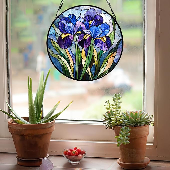 Stained Glass Window Hanging - Blue Purple Iris Flower Suncatcher for Door Garden Patio Sun Catchers Decor Christmas Mother's Day Birthday Gifts for Women Men Mom Nana Aunt Friend 11.8 in