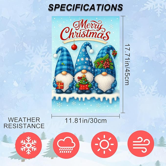 IVN Christmas Garden Flag 12x18 Inch Double Sided Blue Gnomes with Gifts and Snowflakes Outdoor Yard Flag for Outside Home Front Door Lawn Porch Patio Welcome Decor