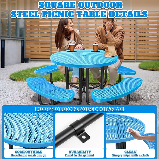 46" Round Top Outdoor Picnic Table Set for Up to 8 Persons, Outside Table Set with 4 Built-in Benches, Metal Commercial-Grade Dining Furniture with Umbrella Hole for Garden, Backyard, Porch, Blue
