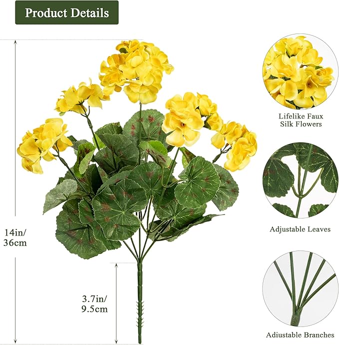 Uqueeten Artificial Flowers for Outdoors Artificial Geranium,Fake Flower Geranium Artificial Plant Home Decor,Silk Geraniums Artificial Flowers Realistic Outdoor Flower Decoration14.4(Yellow) 8PCS