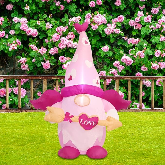 Juegoal Valentine Inflatable Cupid Gnome, Lighted Blow Up Pink Swedish Gnomes with Arrow, Indoor Outdoor Valentines Wedding Xmas Decor, Built in LED Light Up Holiday Lawn Yard Garden Decorations