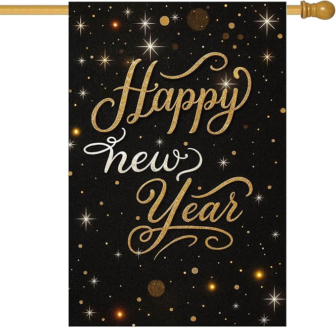 Happy New Year House Flag 28x40 Inch Black and Gold Sparkle Design Garden Flag Outdoor Yard Decoration Elegant Holiday Celebration Banner for Home Porch Lawn