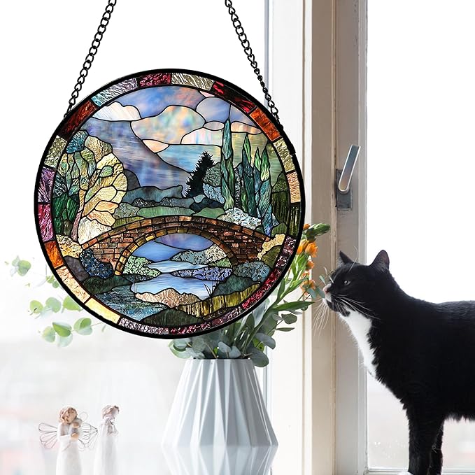 AMDERVEN Stained Glass Window Hanging, Blue Landscape Arch Bridge Sun Catcher for Door Home Decor Suncatcher Christmas Mother's Day Birthday Gifts for Women Men Mom and Nana 15 in