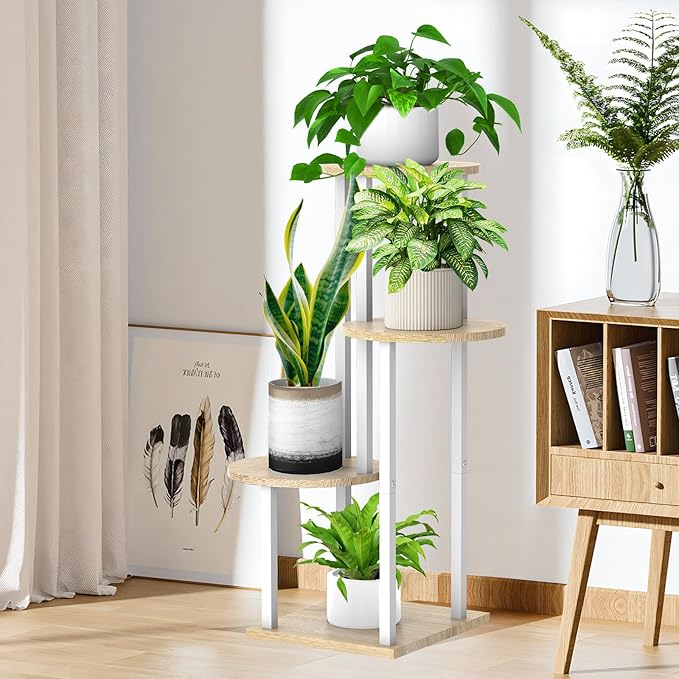 YOCOMEY Plant Stand Indoor, 4 Tier Thickened Metal Corner Plant Shelf for Multiple Plants, Indoor Plants Tiered Flower Pot Stand for Patio Garden Balcony Living Room Bedroom (White Oak)