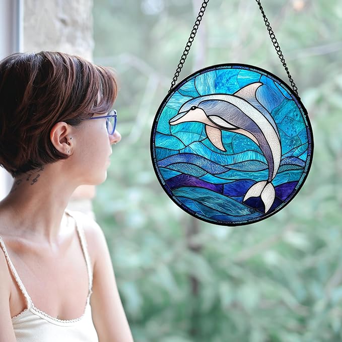 Stained Glass Suncatcher, Blue Ocean Dolphin Sun Catcher Marine Life Stain Glass Indoor Window Hanging Decoration Mother's Day Birthday Gifts for Women Men Mom and Nana 7.8 in