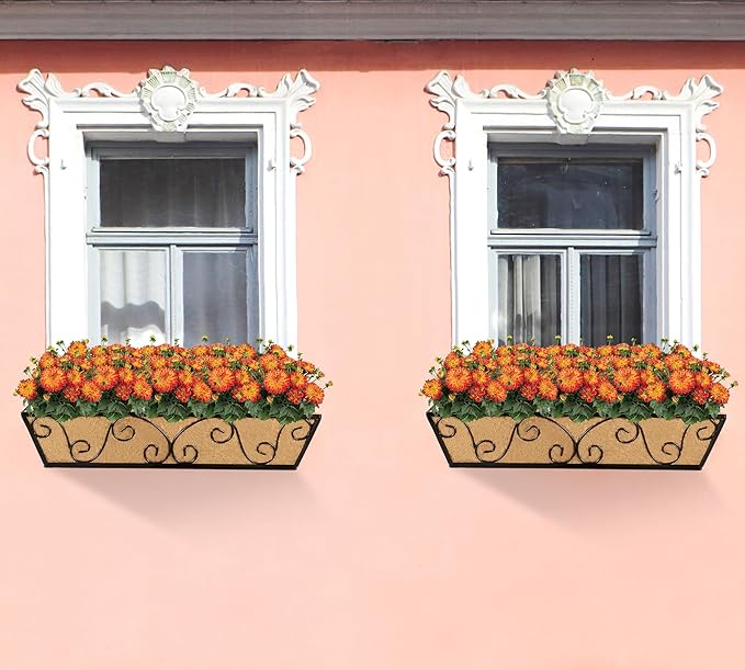Y&M 24 Inch Window Deck with Coco Liner, Fence Metal Hanging Flower Planter Window Basket Deck Railing Planter Boxes for Outdoor Garden Lawn-Butterfly, 4pcs