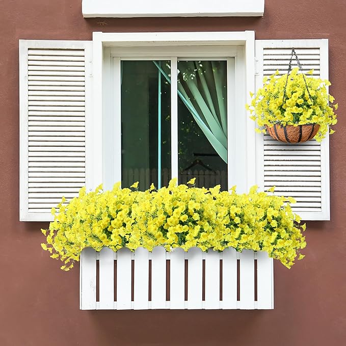Artificial Flowers for Outdoors 12 Bundles Realistic Faux Plants UV Resistant Fake Silk Morning Glory with Eucalyptus for Front Door Planter Patio Porch Outside Spring Summer Decoration (Yellow)