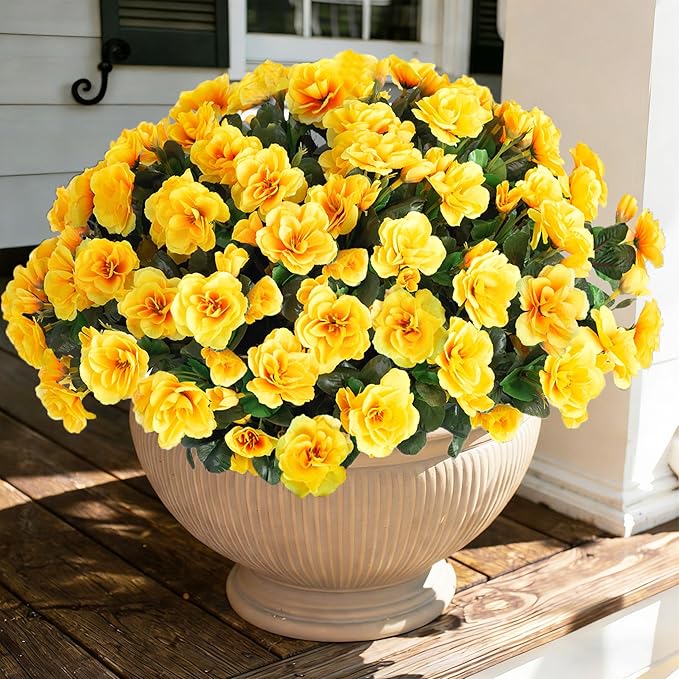 Ivydale Artificial Fake Flowers Plants for Outdoor Outside Spring Decor, Faux Silk Yellow Camellia UV Resistant Look Real for Planter Pot Porch Patio Balcony Garden Yard, 3 Large Bundles