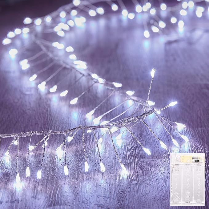 Fairy Lights Battery Operated, 10Feet 120LEDs Firecracker String Lights Waterproof Silver Wire Starry Firefly Light for DIY Wreath Home Weeding Indoor Outdoor Christmas Decorations, Pure White