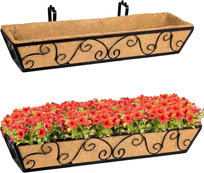 Y&M 30 Inch Window Deck with Coco Liner, Fence Metal Hanging Flower Planter Window Basket Deck Railing Planter Boxes for Outdoor Garden Lawn-Butterfly, 2pcs