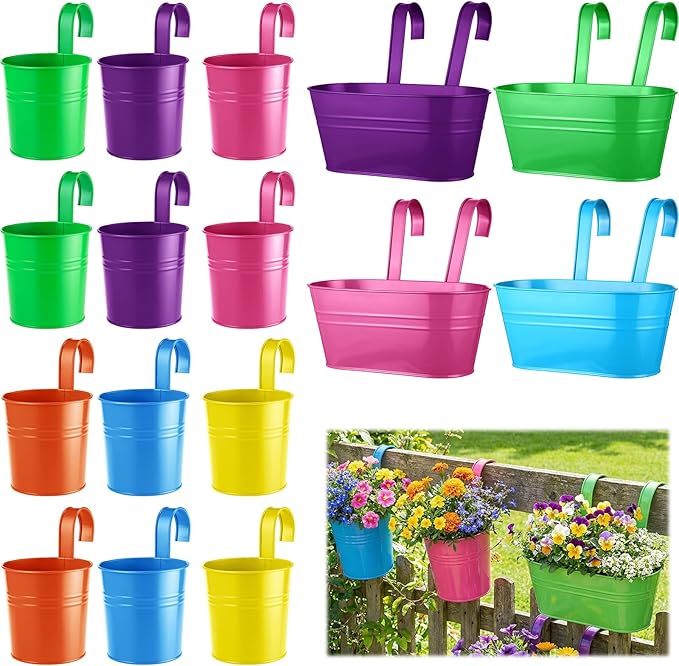 Romooa 16 Pcs Hanging Flower Pots Planters for Outdoor Metal Iron Wall Flower Planter Baskets for Railing Fence Balcony Garden Yard Home Indoor Decoration with Detachable Hooks (Colorful)